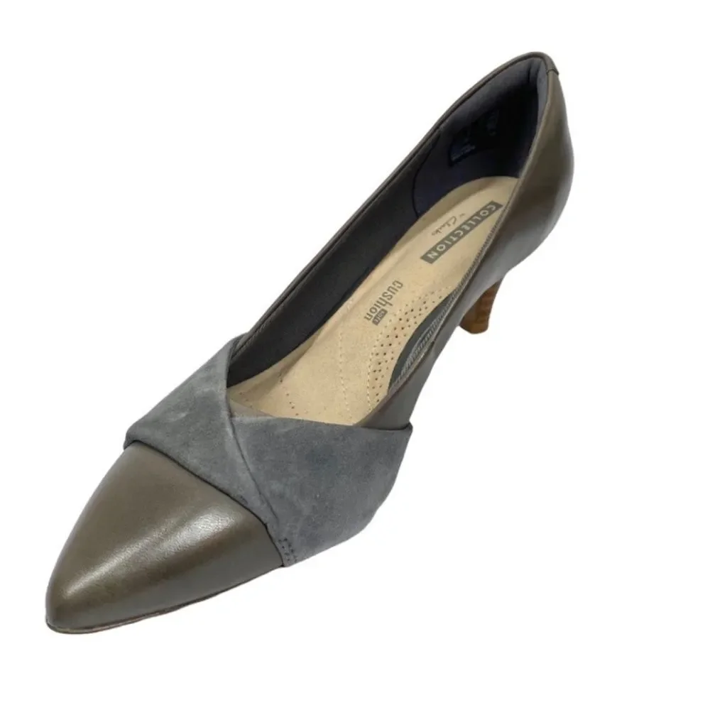 Clarks Grey Leather Combo Low Heel Pumps, Size 6 Linvale Ultimate Comfort New